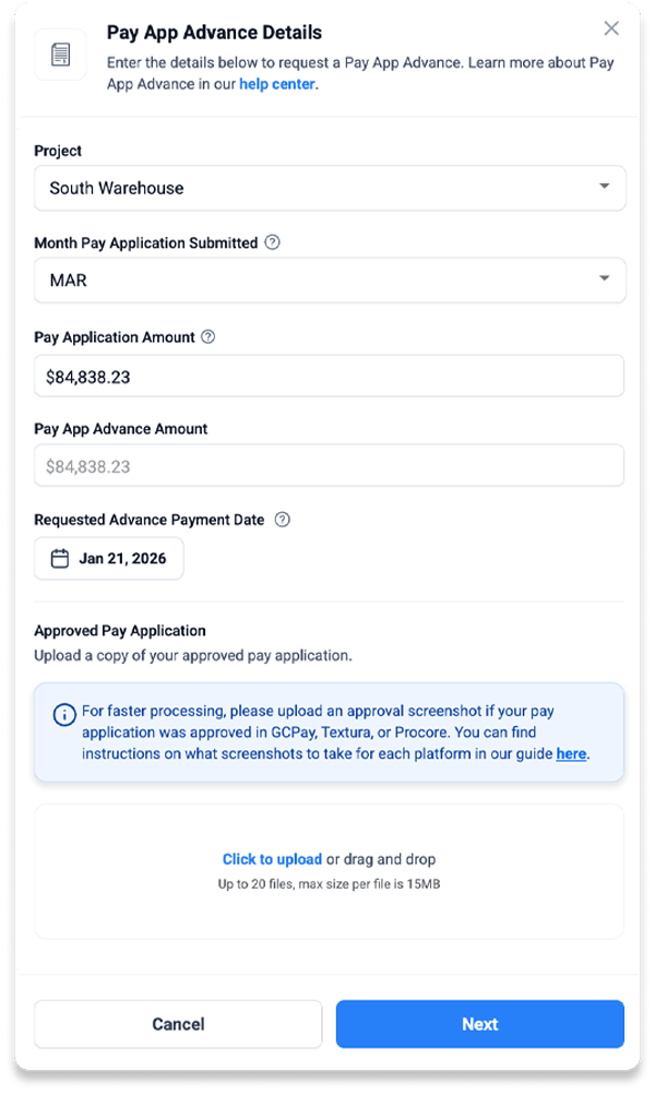 Pay application financing details
