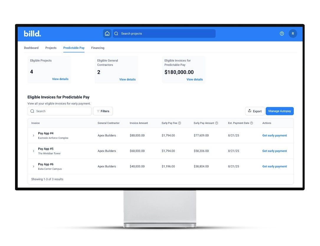 Billd’s construction early pay platform dashboard