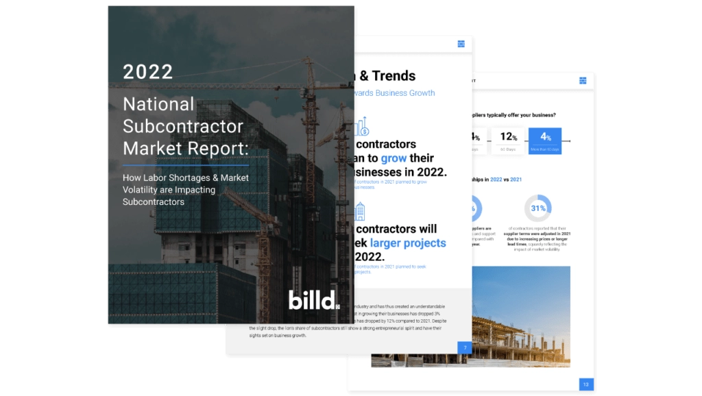 The cover and 2 inside pages of the 2022 National Subcontractor Market Report