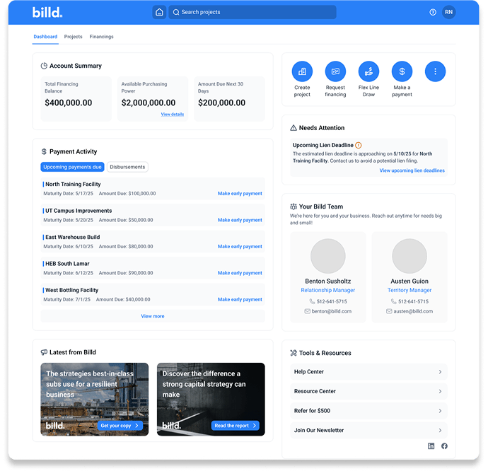 Building material finance dashboard