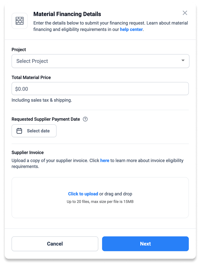Construction material financing details