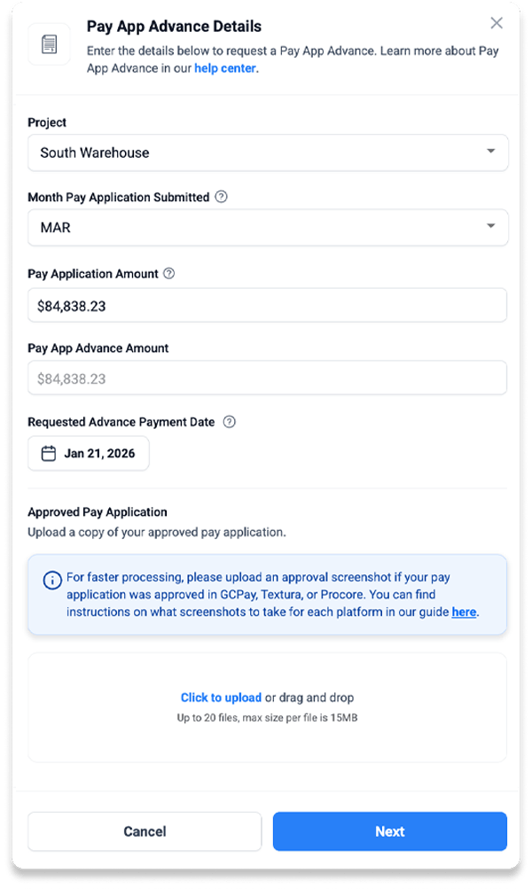 Pay application financing details